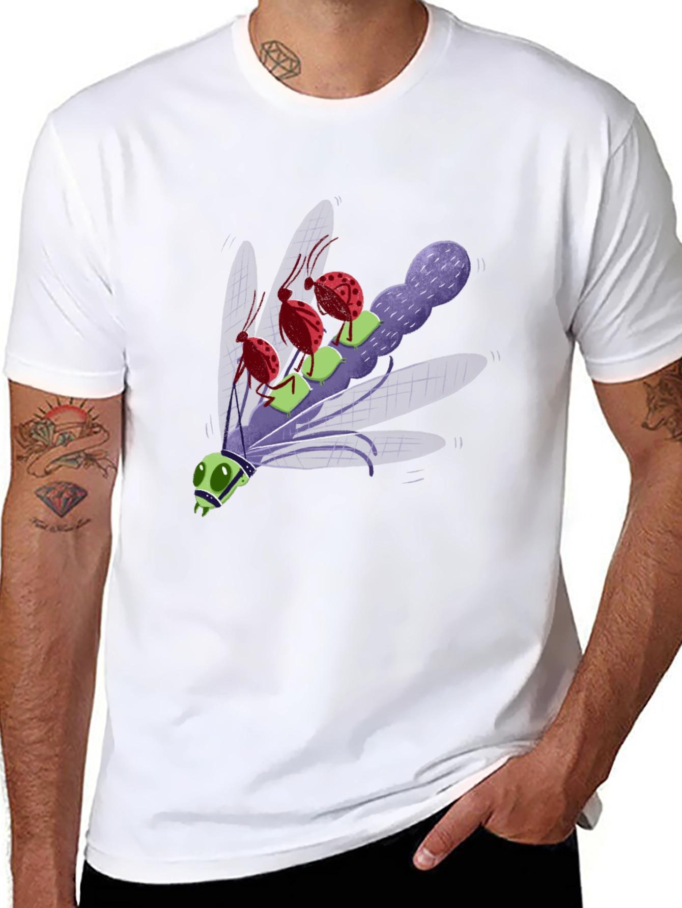 Cartoon Insect Graphic Tee - Black Cotton Blend