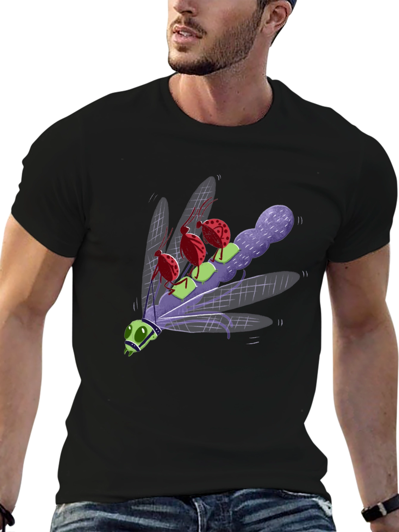 Cartoon Insect Graphic Tee - Black Cotton Blend