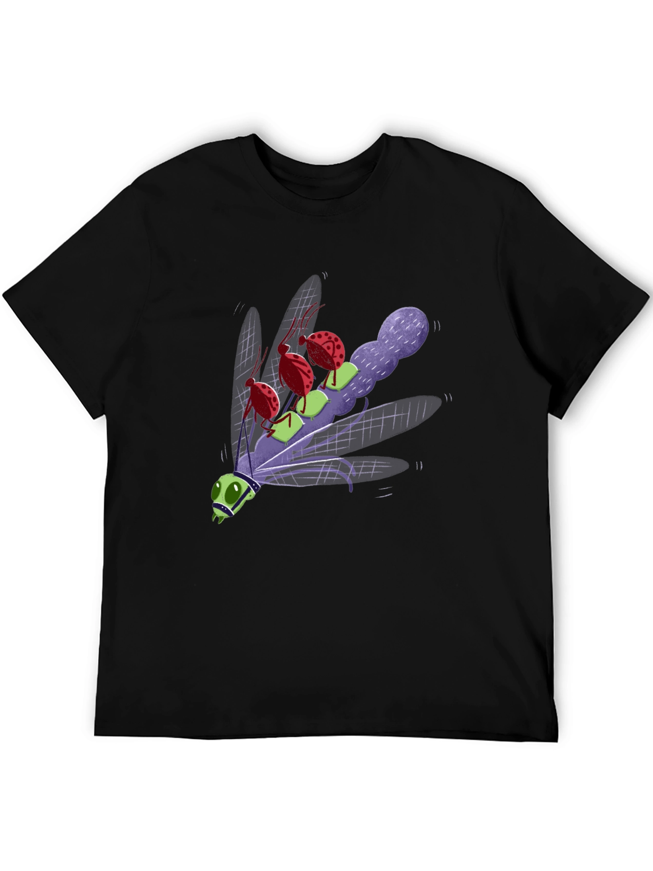 Cartoon Insect Graphic Tee - Black Cotton Blend