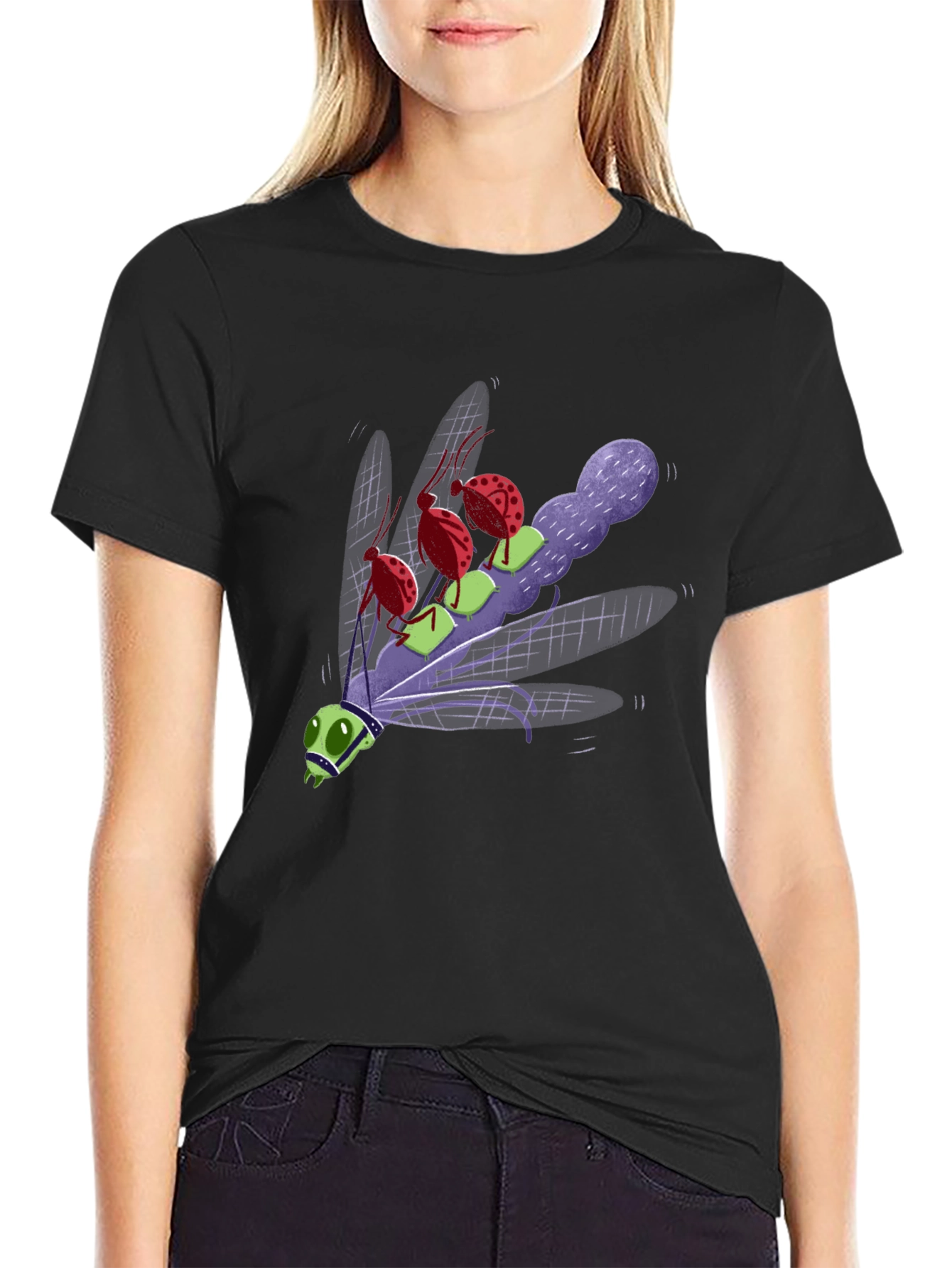 Cartoon Insect Graphic Tee - Black Cotton Blend