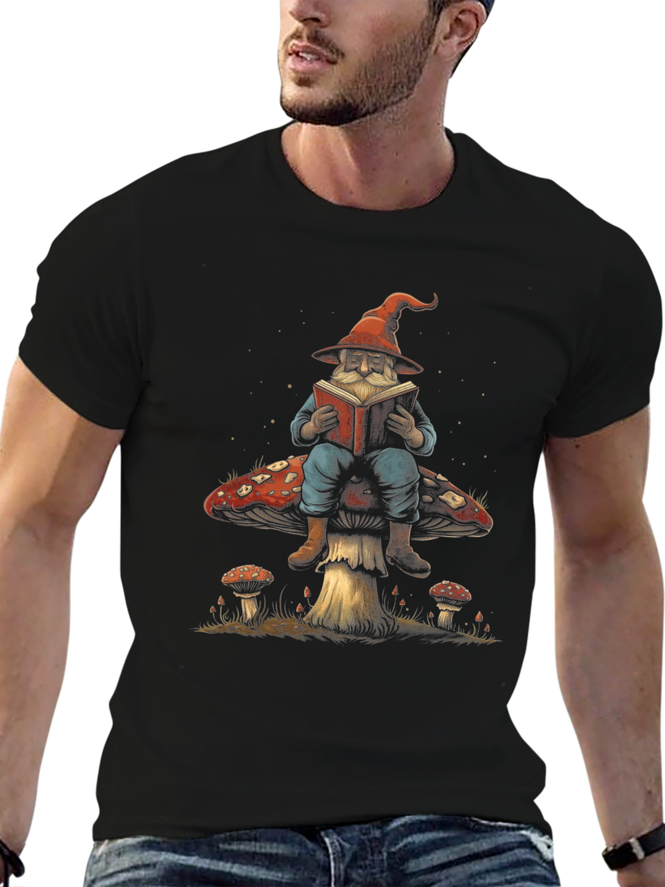 Wizard Reading Book On Mushroom Graphic T-Shirt