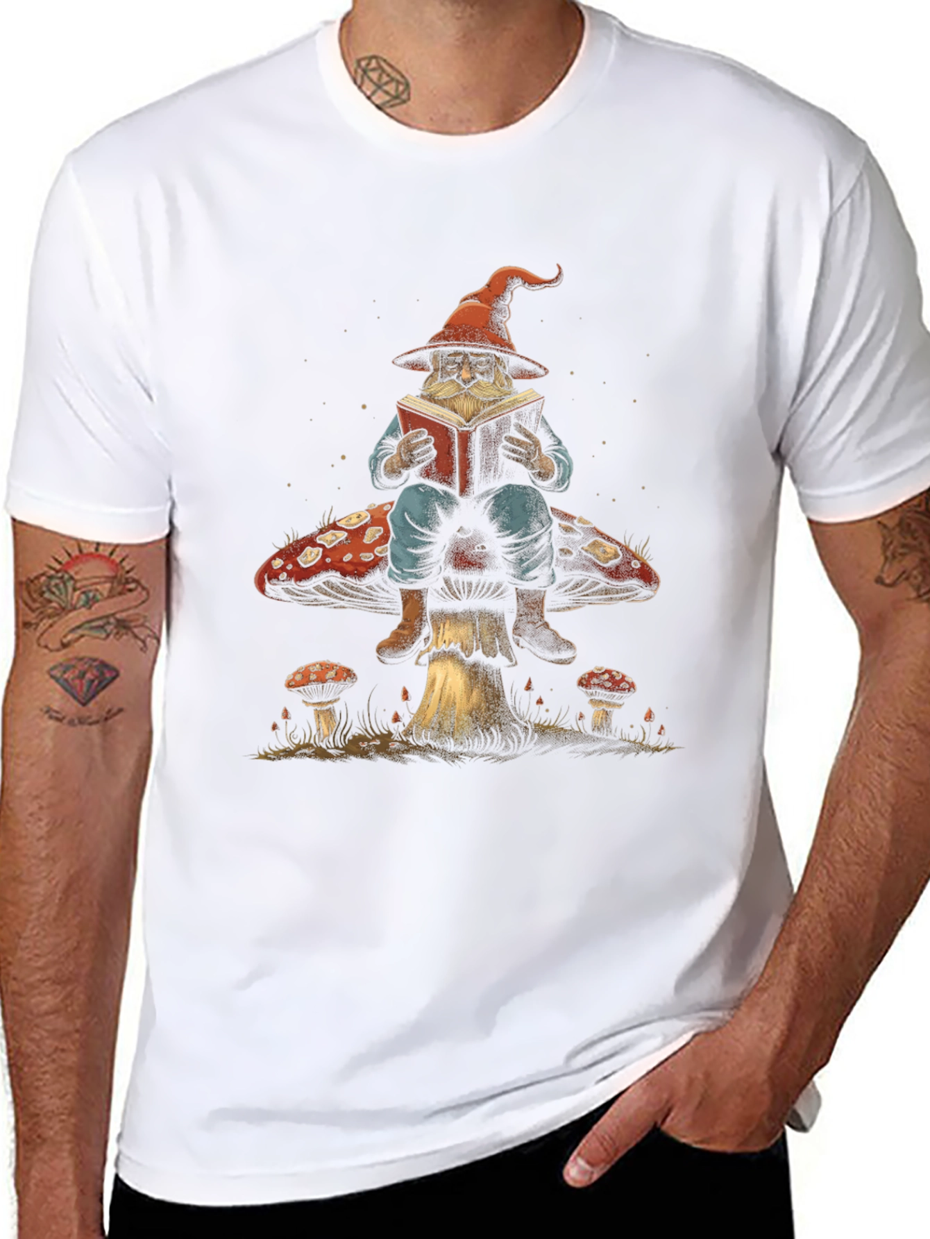 Wizard Reading Book On Mushroom Graphic T-Shirt