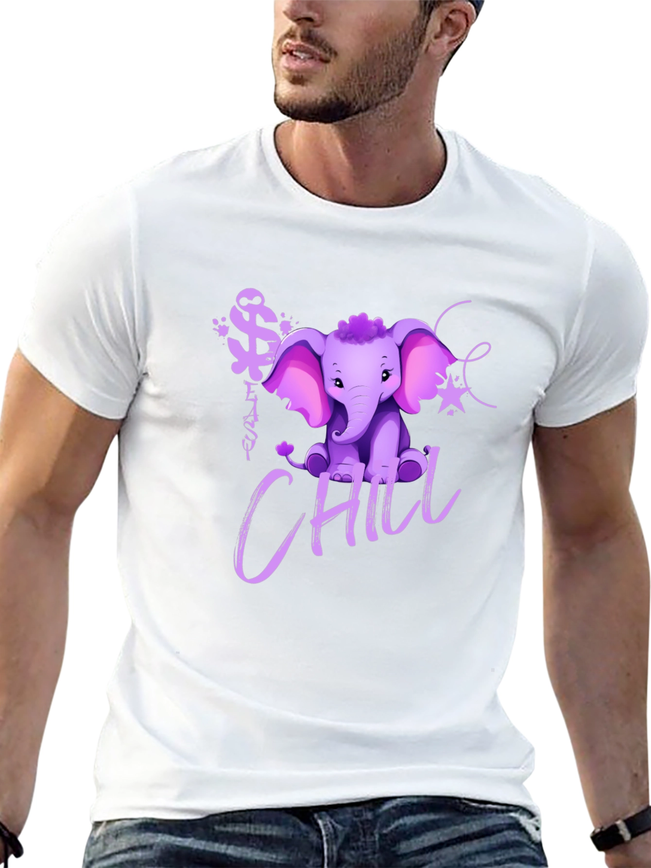 Cute Elephant Chill Graphic Print Black T-Shirt