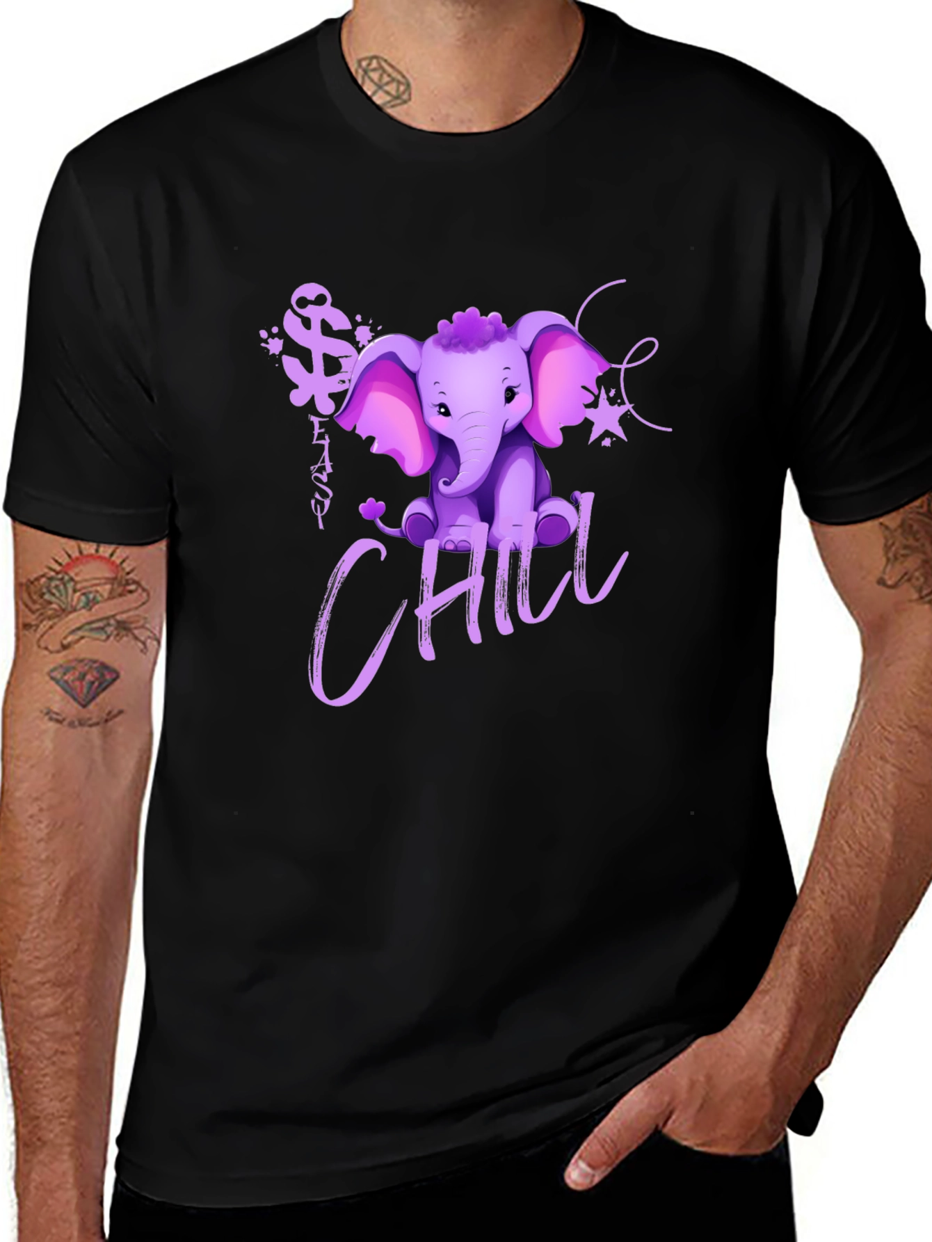 Cute Elephant Chill Graphic Print Black T-Shirt
