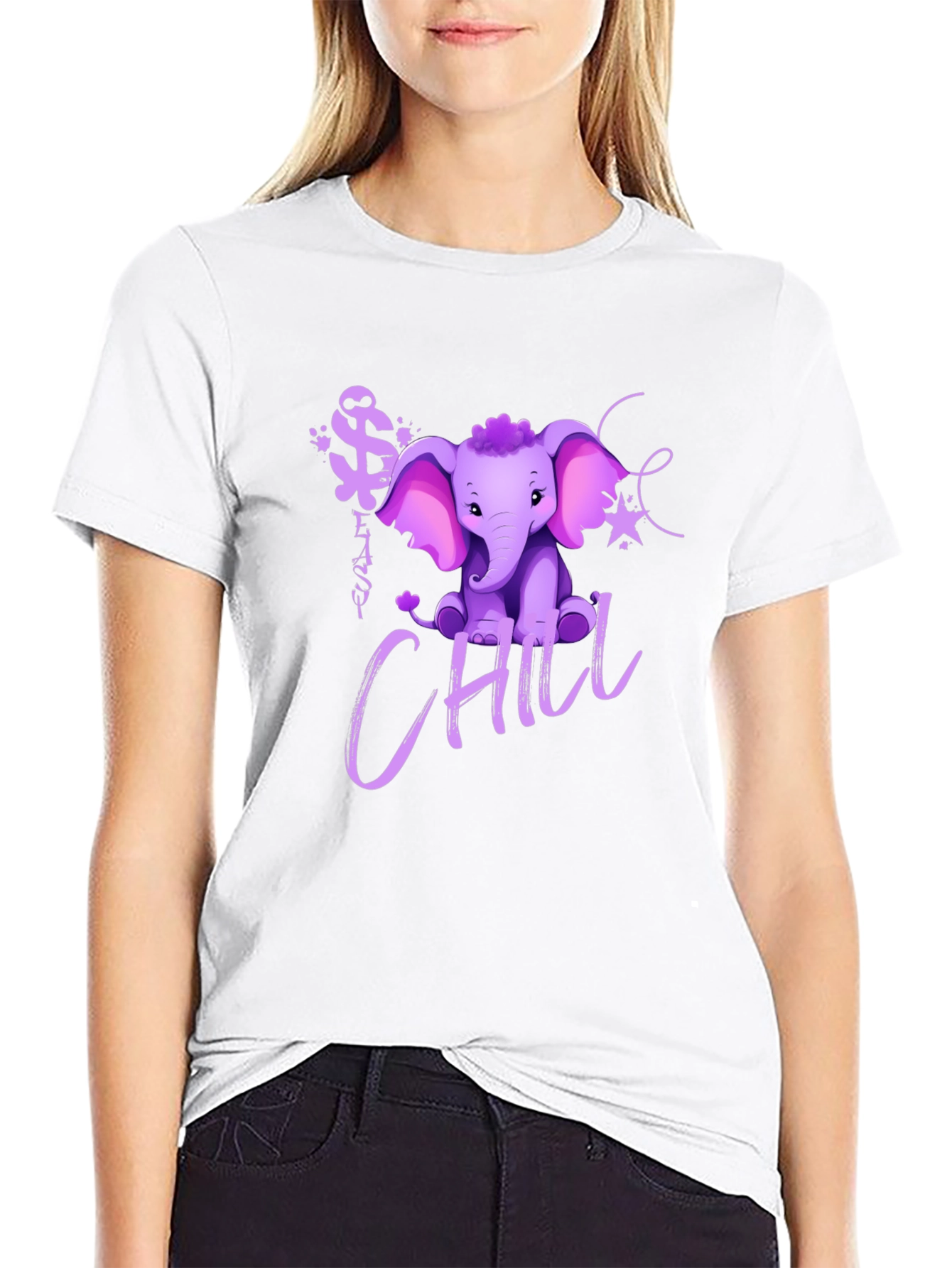 Cute Elephant Chill Graphic Print Black T-Shirt