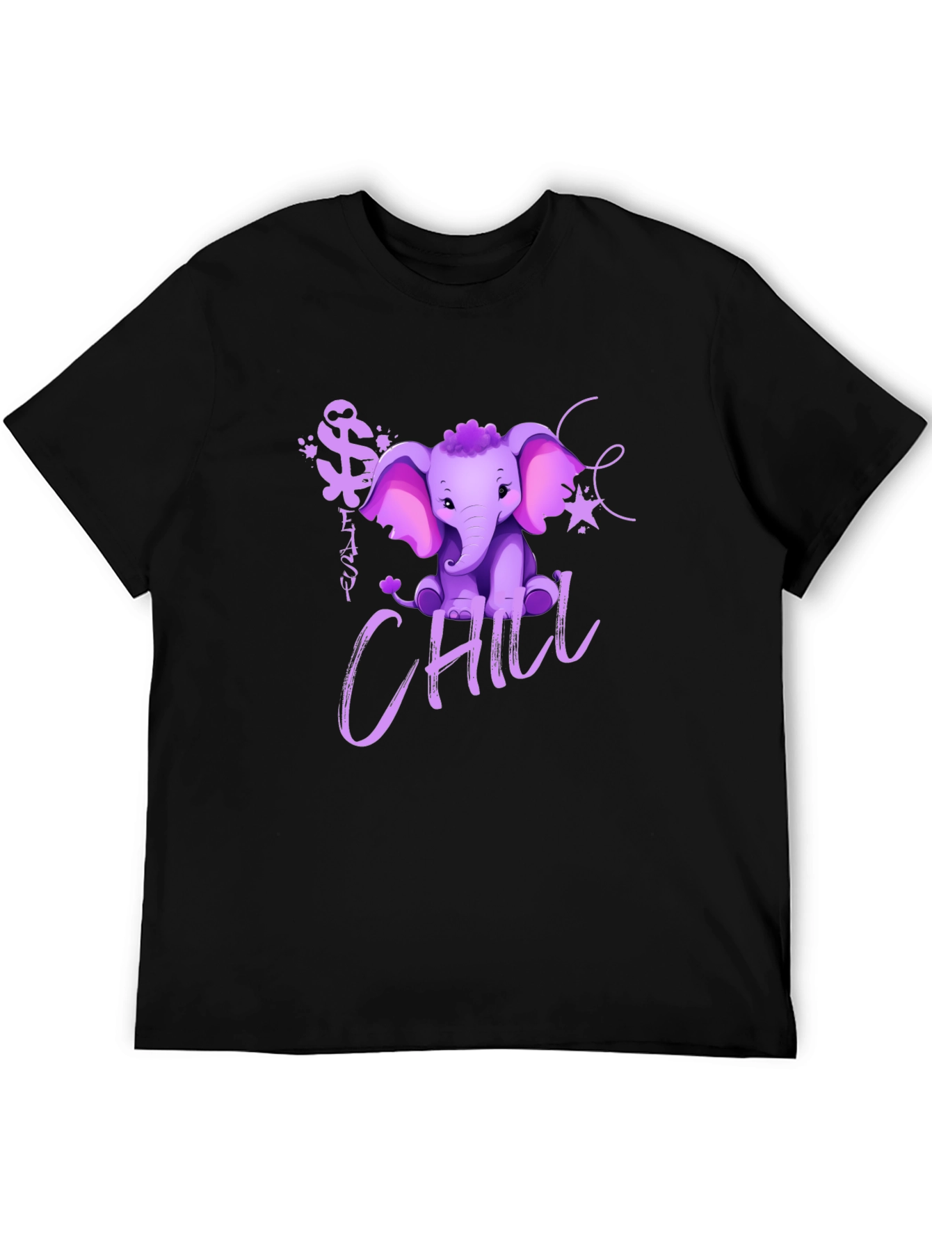 Cute Elephant Chill Graphic Print Black T-Shirt