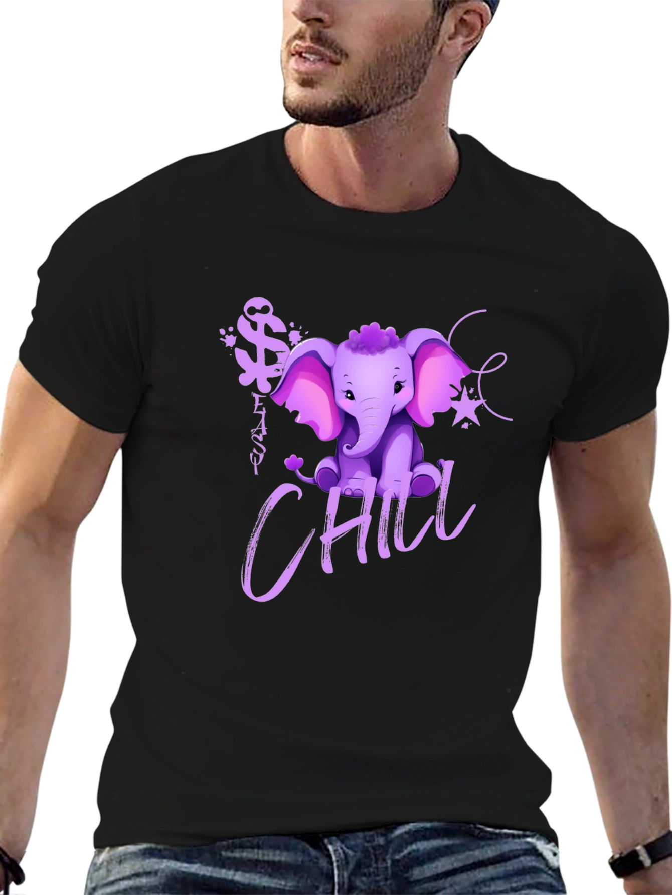 Cute Elephant Chill Graphic Print Black T-Shirt