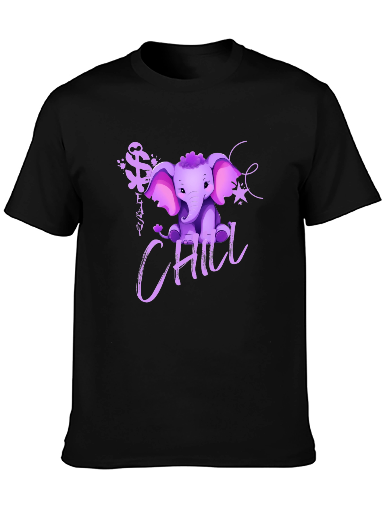 Cute Elephant Chill Graphic Print Black T-Shirt