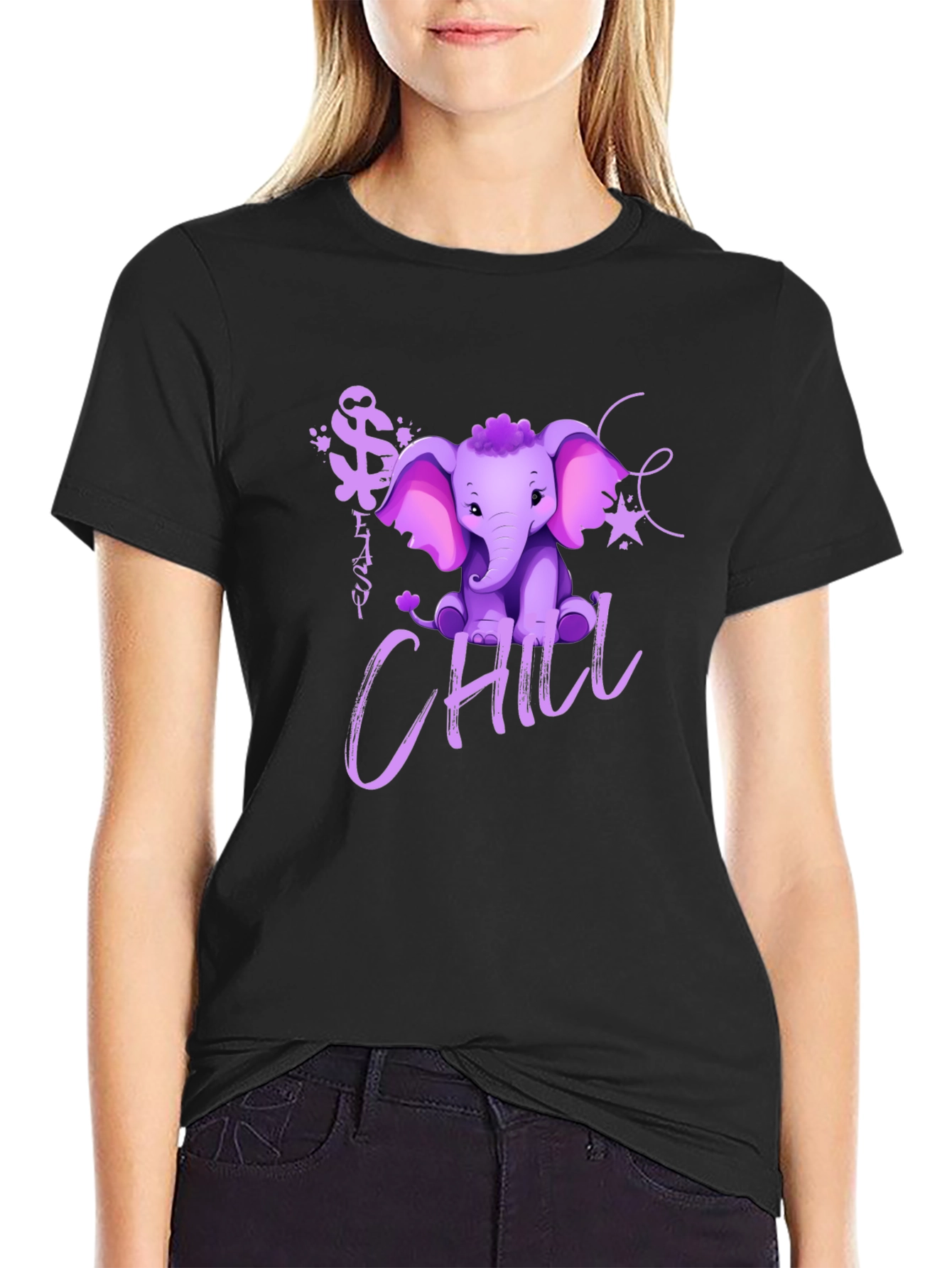 Cute Elephant Chill Graphic Print Black T-Shirt