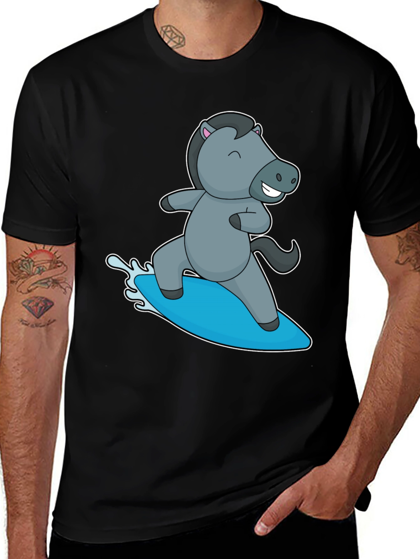 Surfing Horse Graphic T-Shirt - Black