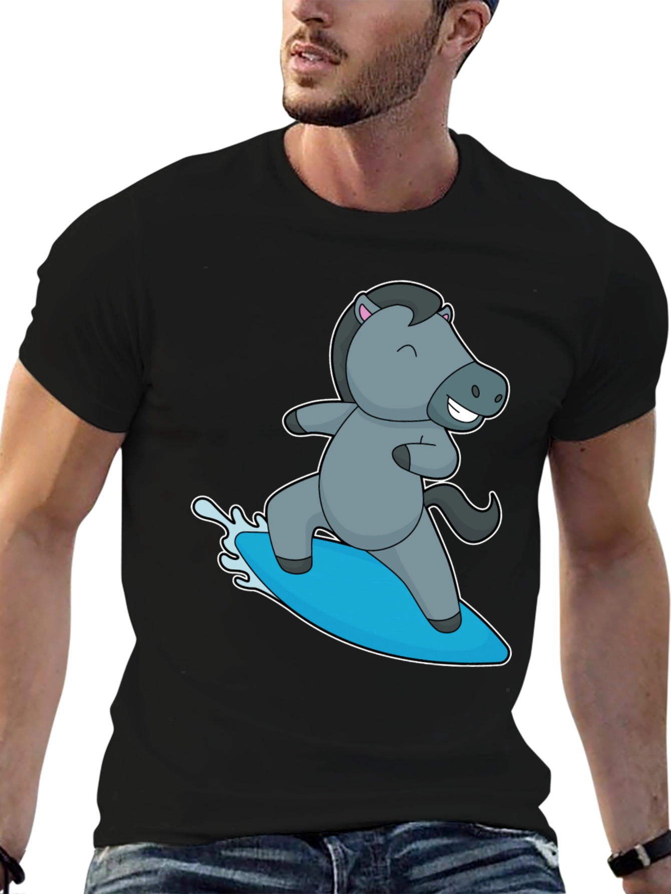 Surfing Horse Graphic T-Shirt - Black