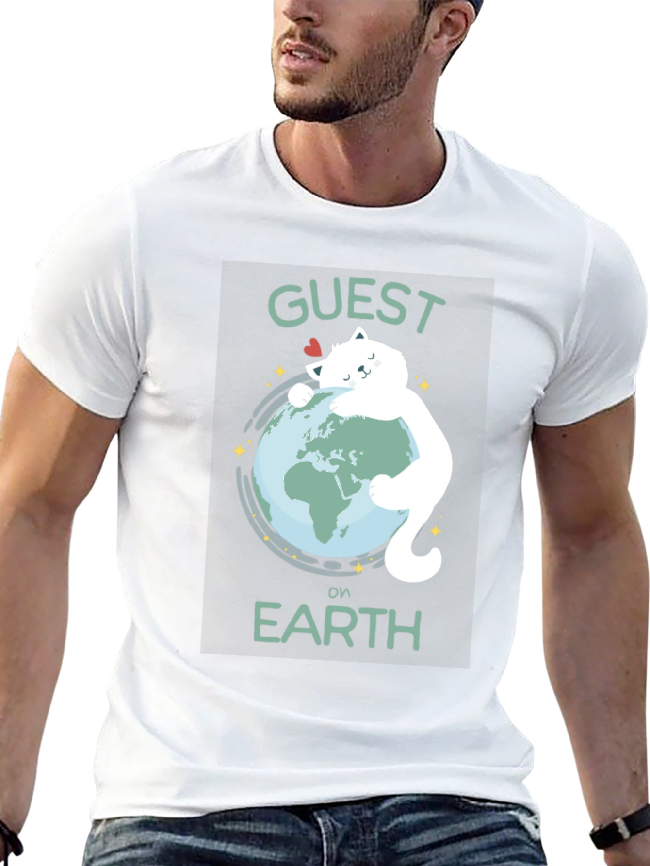 Guest on Earth T-Shirt - Cat Hugging Globe Tee