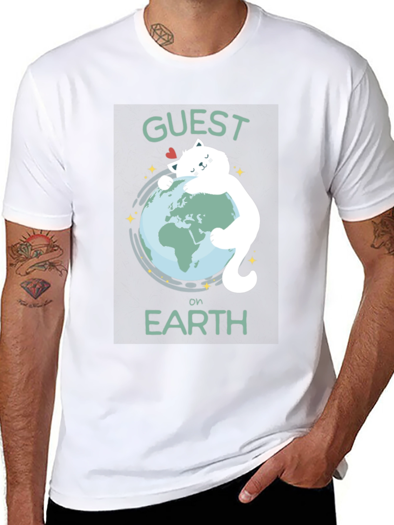 Guest on Earth T-Shirt - Cat Hugging Globe Tee