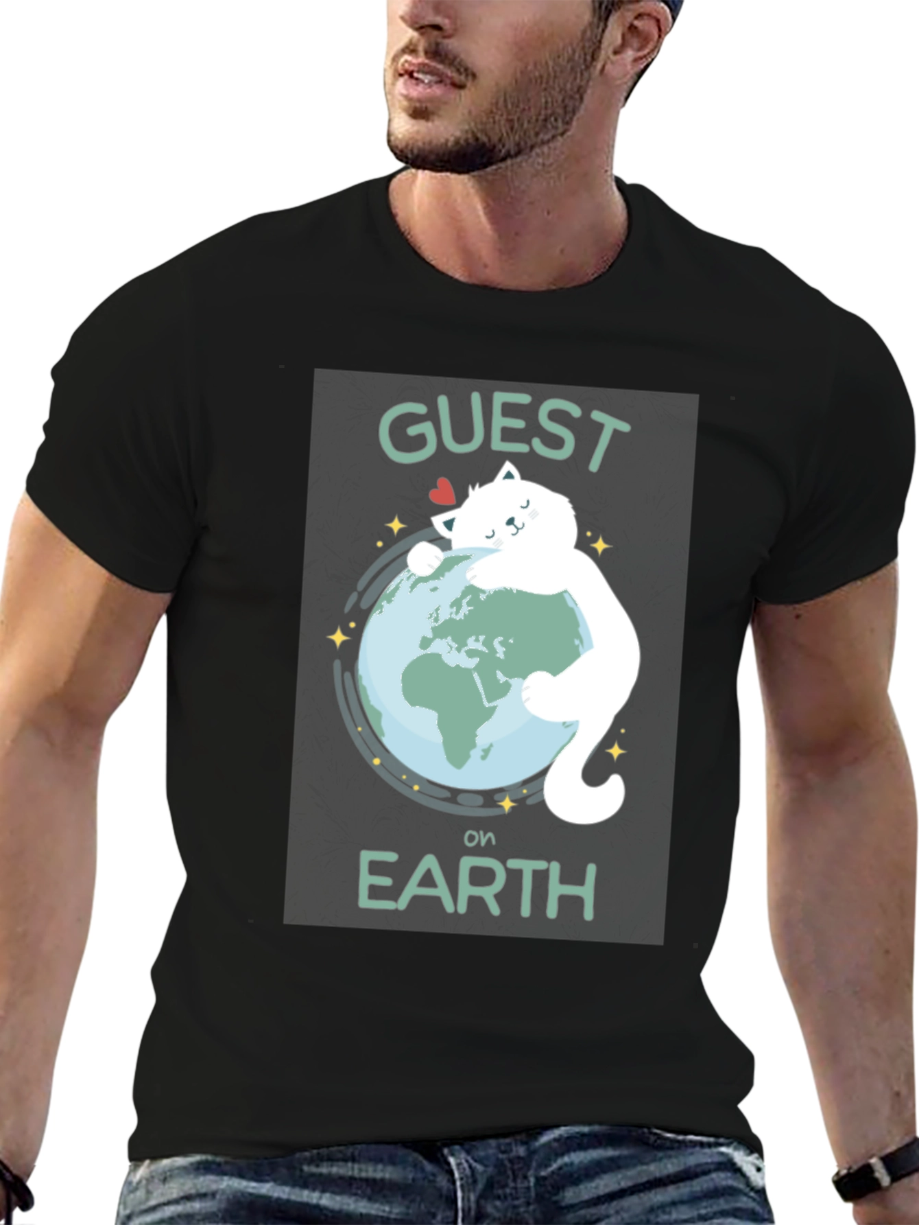 Guest on Earth T-Shirt - Cat Hugging Globe Tee