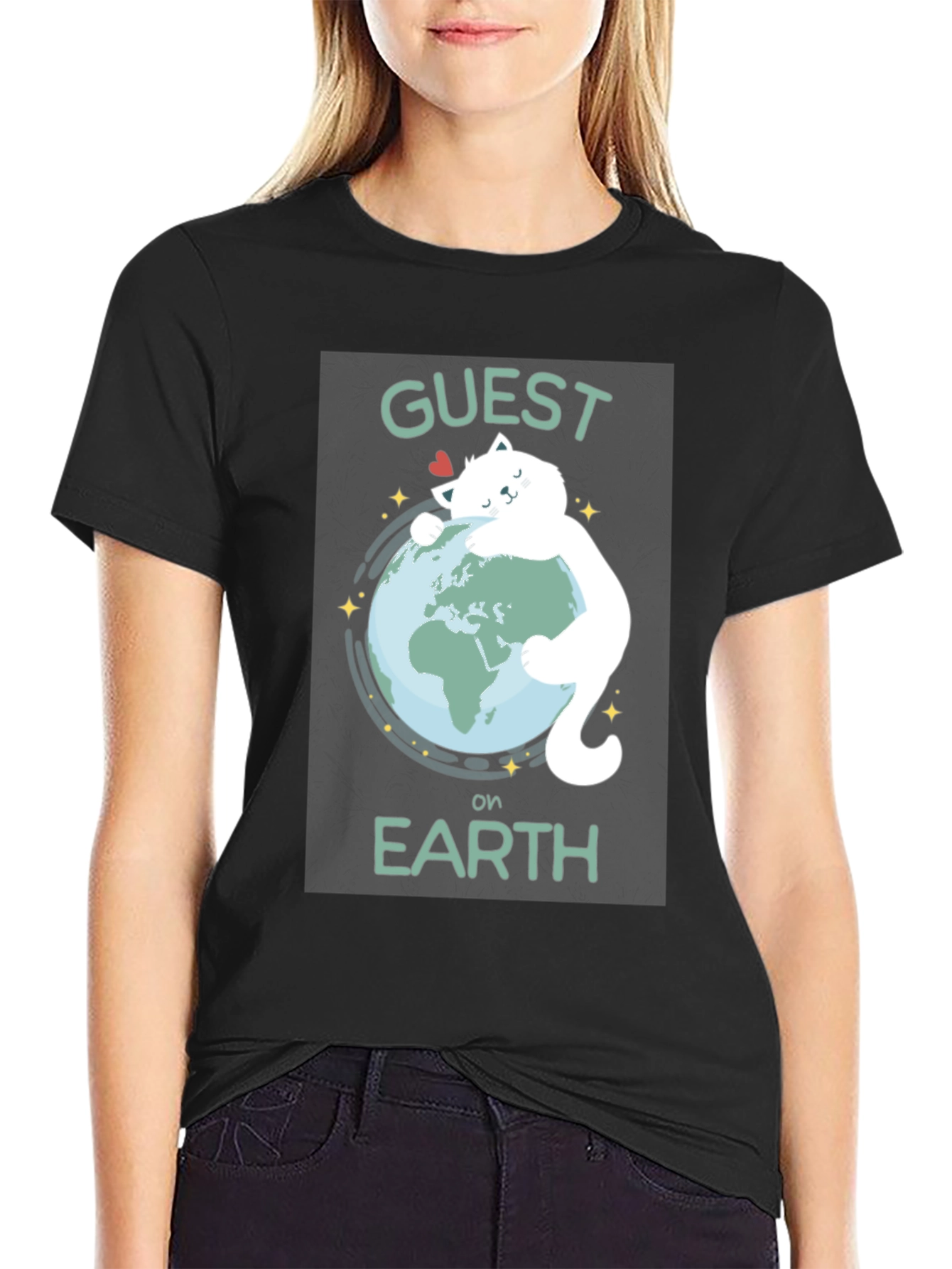 Guest on Earth T-Shirt - Cat Hugging Globe Tee