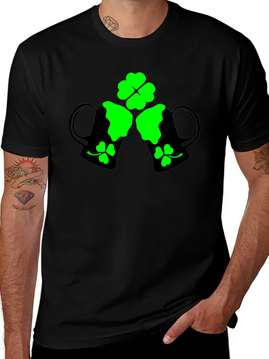 St. Patricks Day Black T-Shirt with Green Beer & Clover Graphic