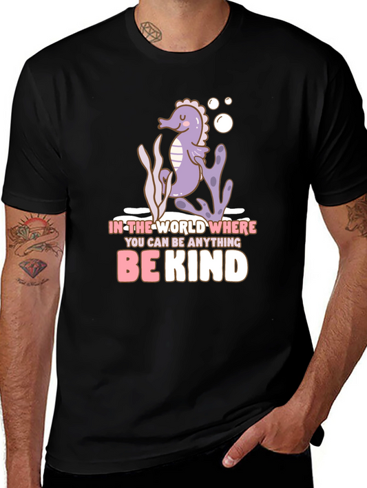 Be Kind Seahorse Graphic Tee - Black Cotton T-Shirt
