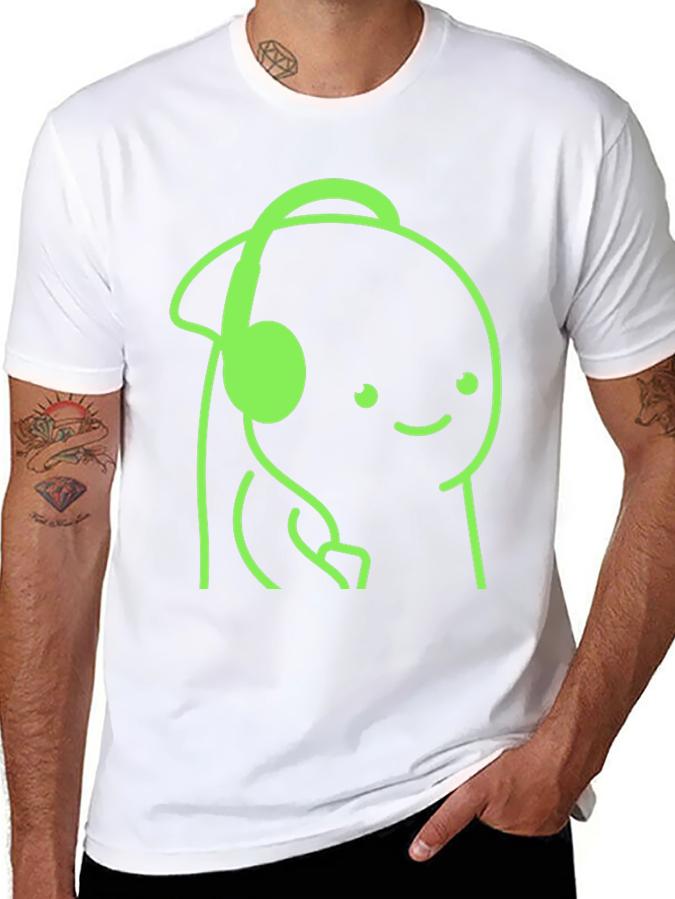 Cartoon Headphone Graphic Tee - Casual Style