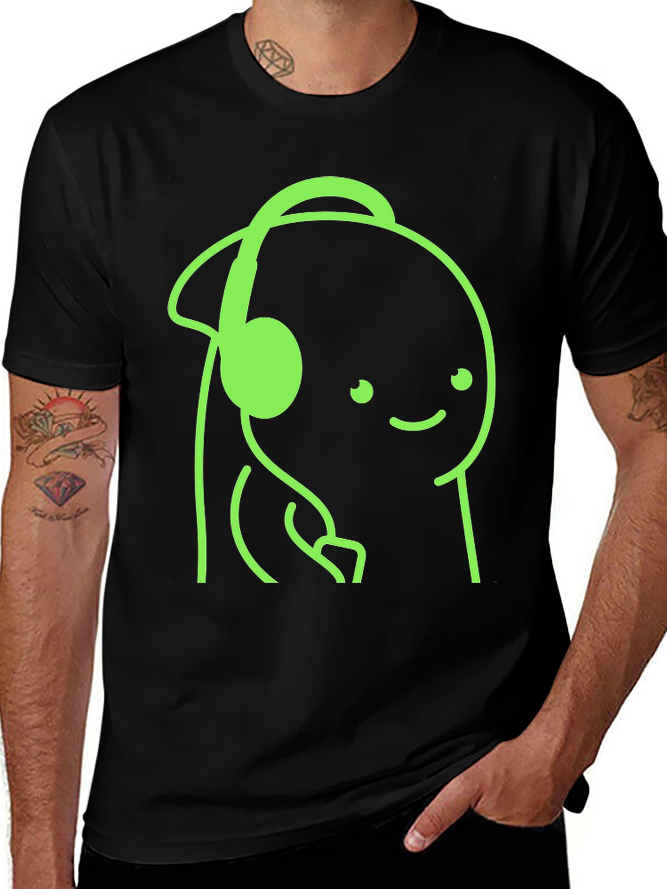 Cartoon Headphone Graphic Tee - Casual Style
