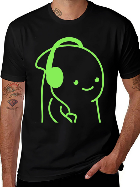 Cartoon Headphone Graphic Tee - Casual Style