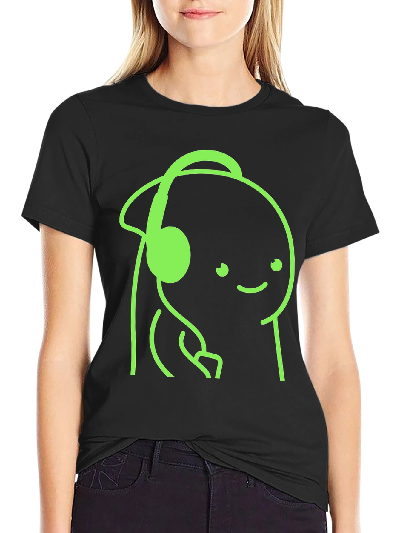 Cartoon Headphone Graphic Tee - Casual Style