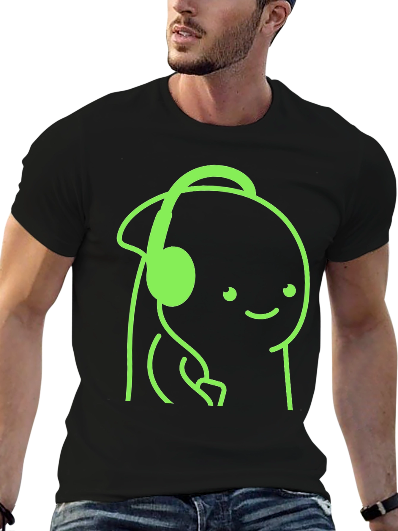 Cartoon Headphone Graphic Tee - Casual Style