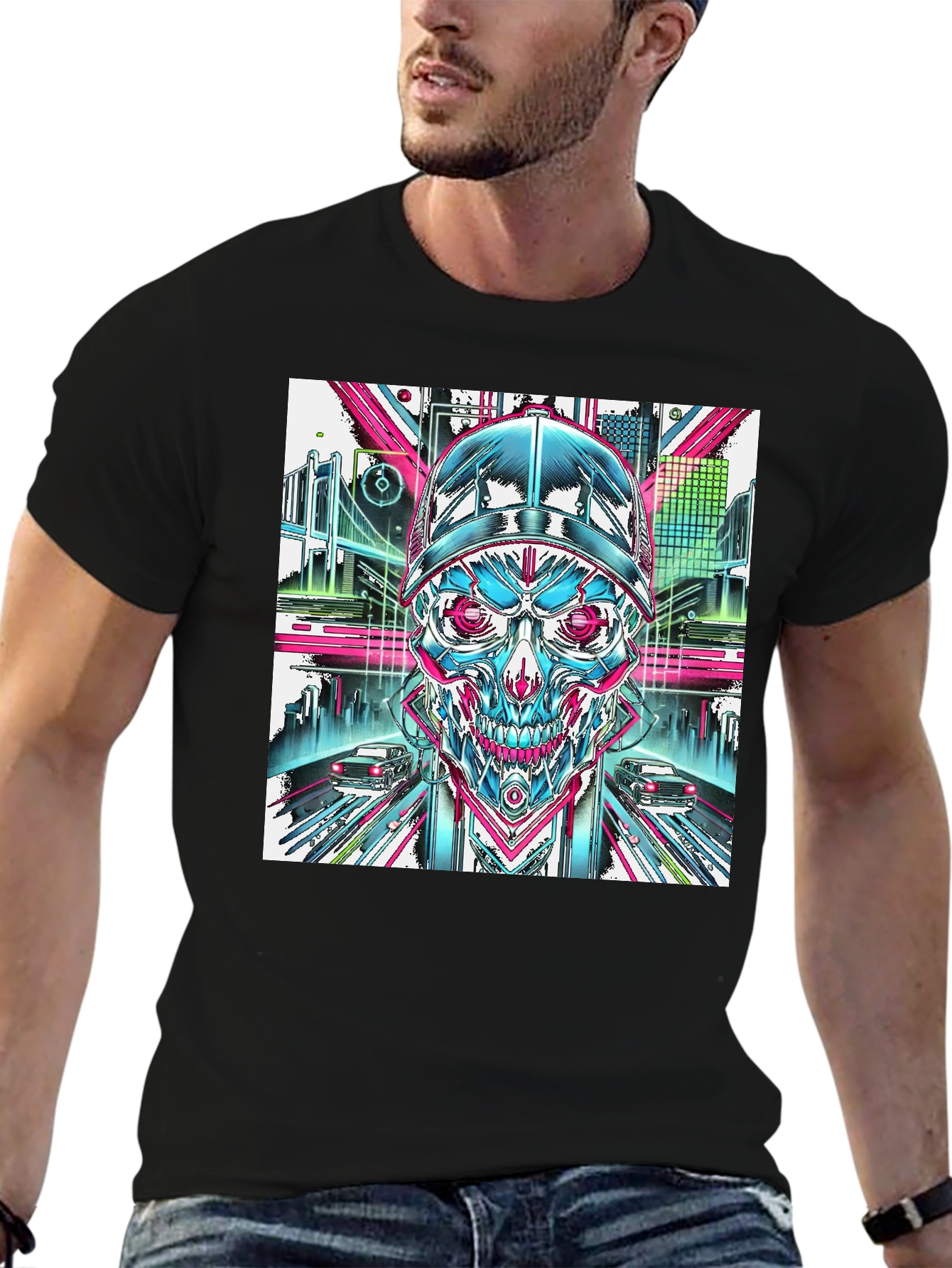 Cyberpunk Skull Graphic T-Shirt