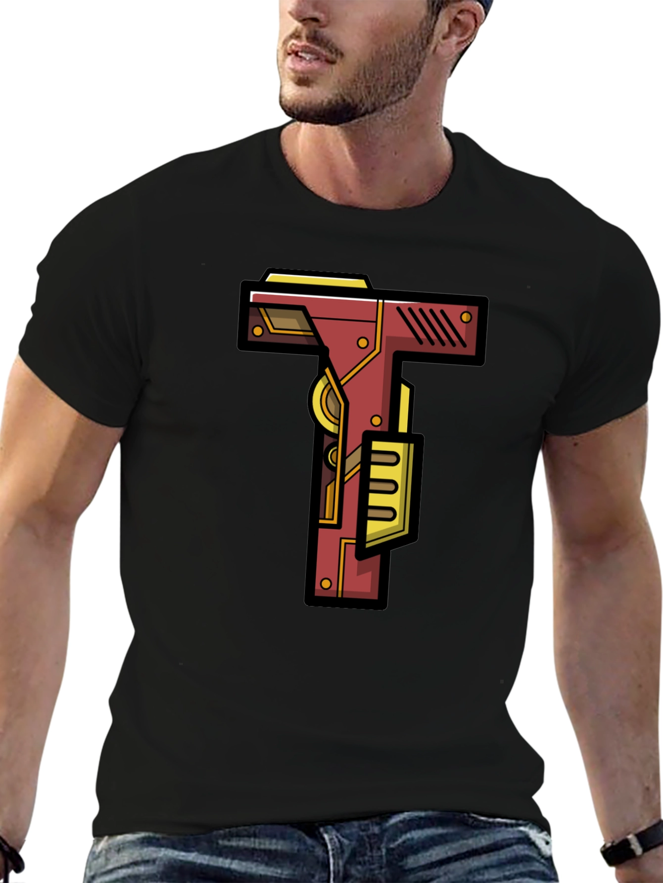 Steampunk Letter T Graphic Tee - Black Cotton Blend