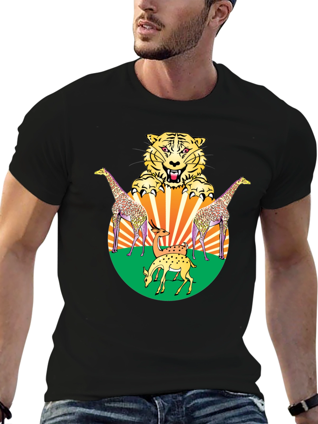 Wildlife Graphic Tee - Bold Animal Print Black T-Shirt