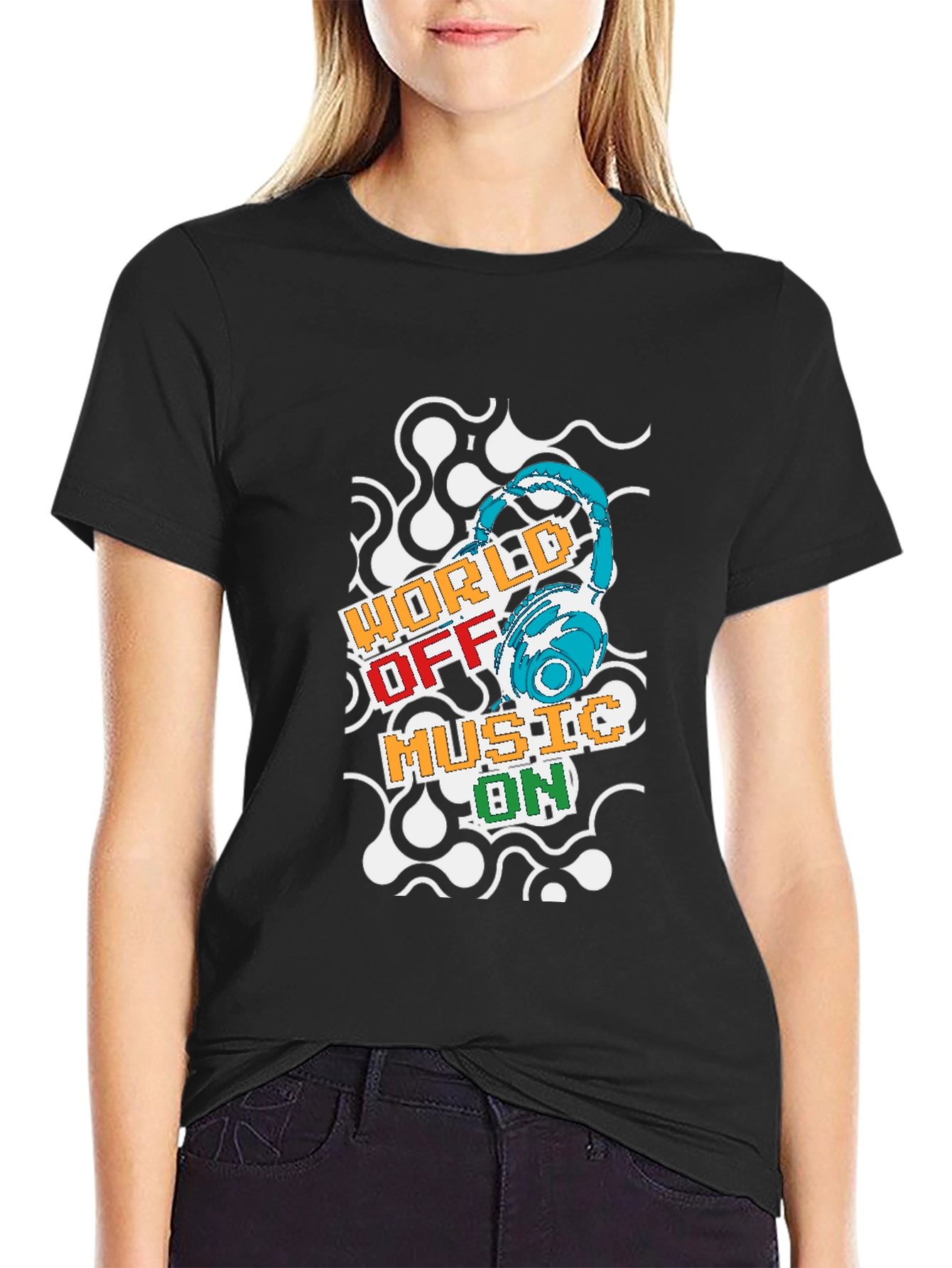 World Off Music On Black T-Shirt