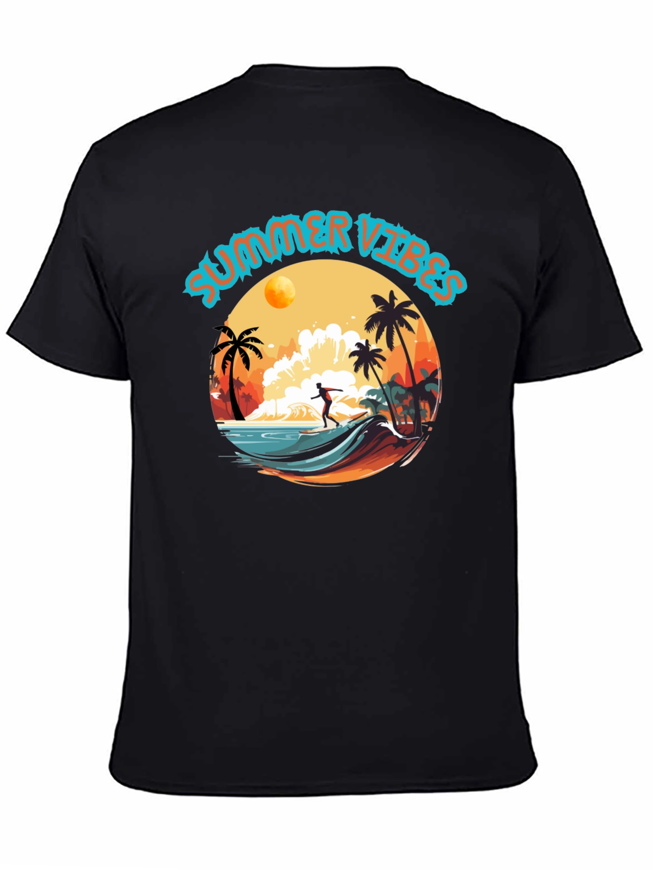 Summer Vibes Black Graphic T-Shirt Surfer Design