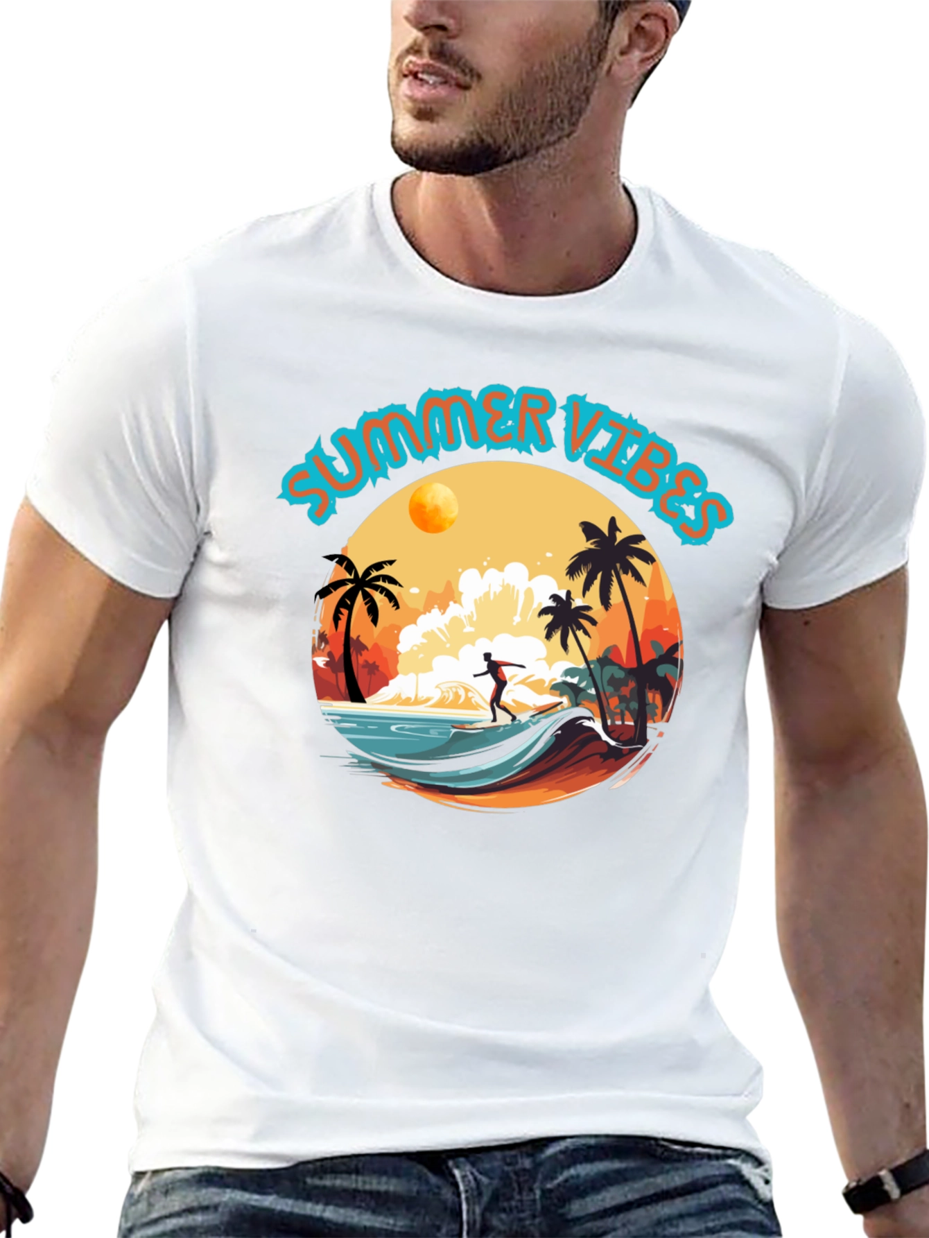 Summer Vibes Black Graphic T-Shirt Surfer Design