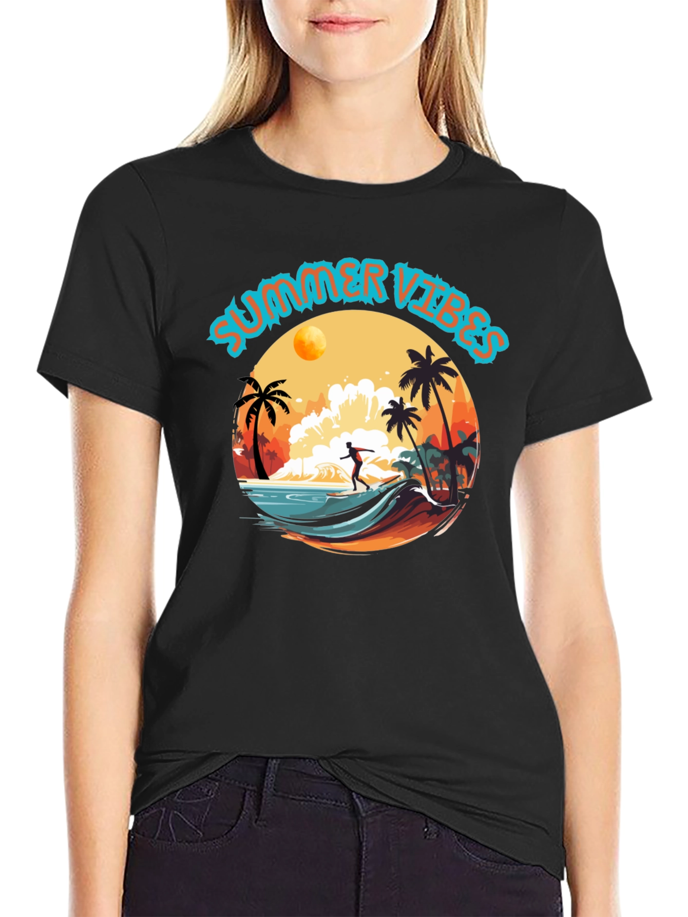 Summer Vibes Black Graphic T-Shirt Surfer Design