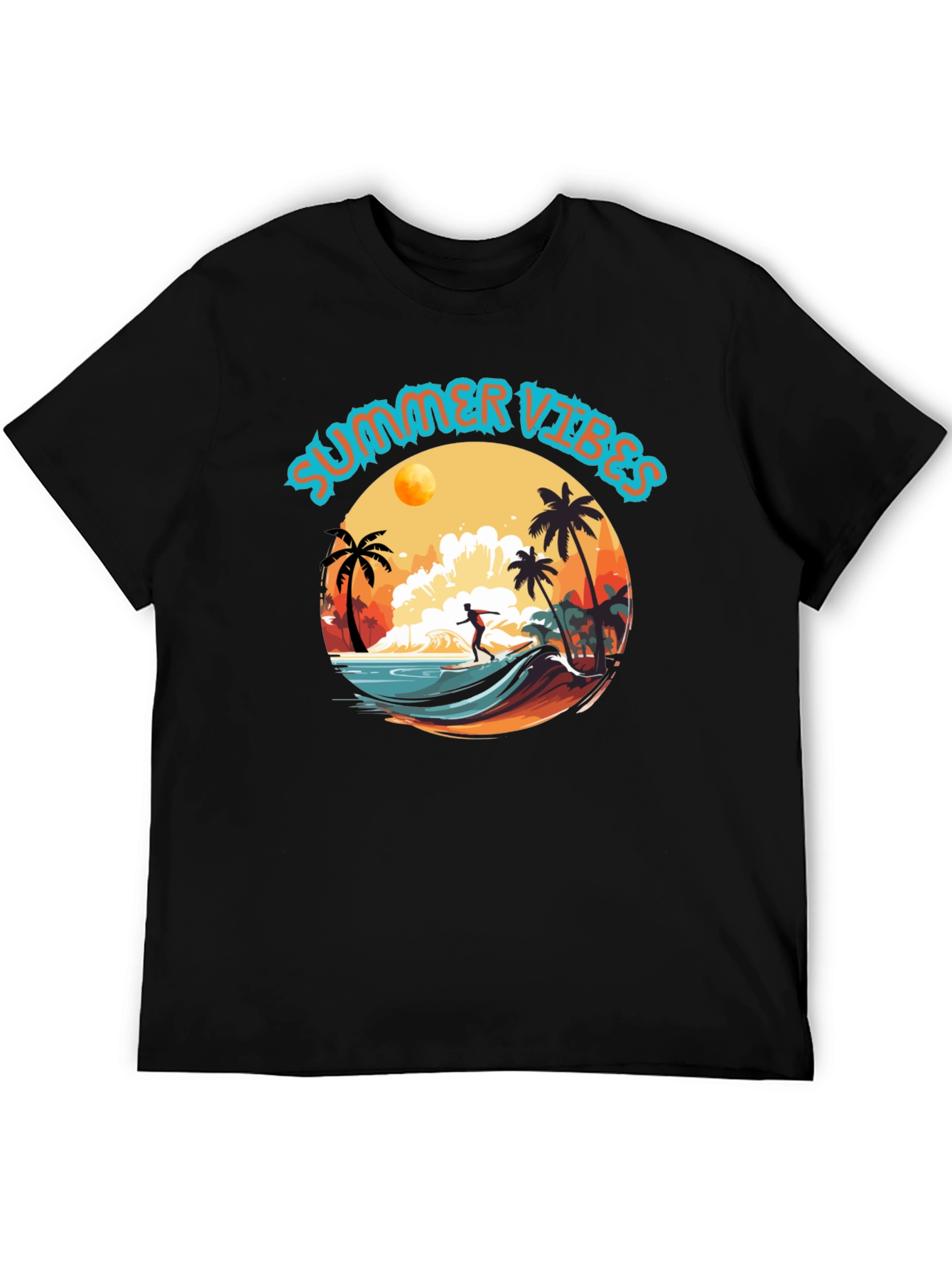 Summer Vibes Black Graphic T-Shirt Surfer Design