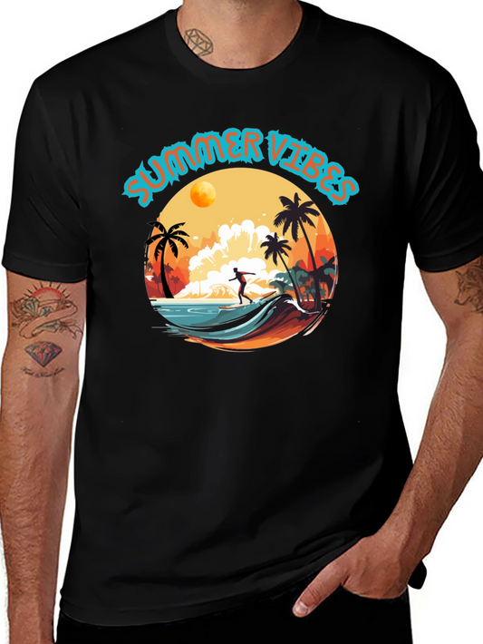 Summer Vibes Black Graphic T-Shirt Surfer Design