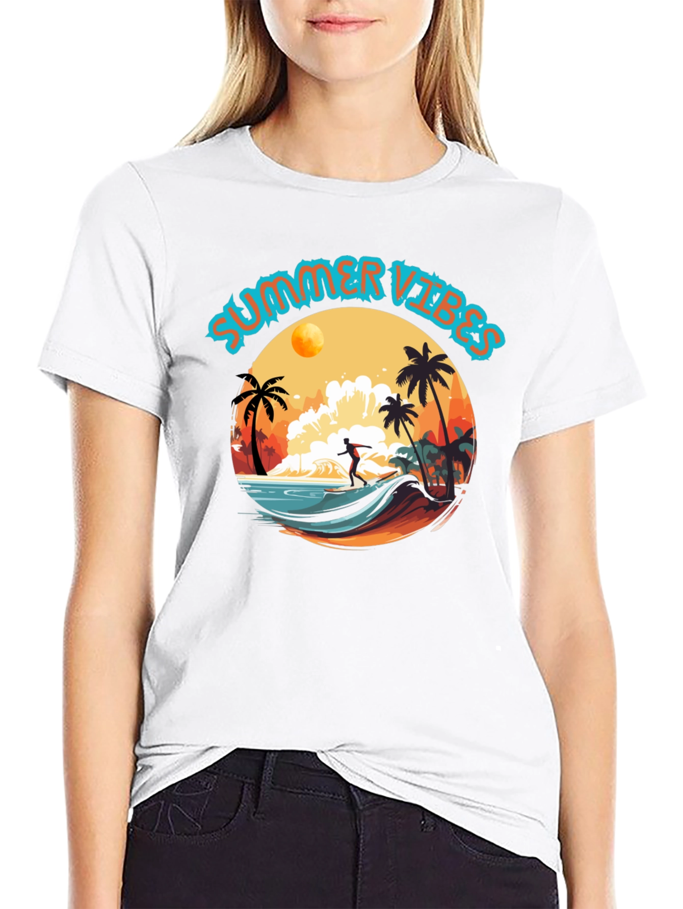 Summer Vibes Black Graphic T-Shirt Surfer Design