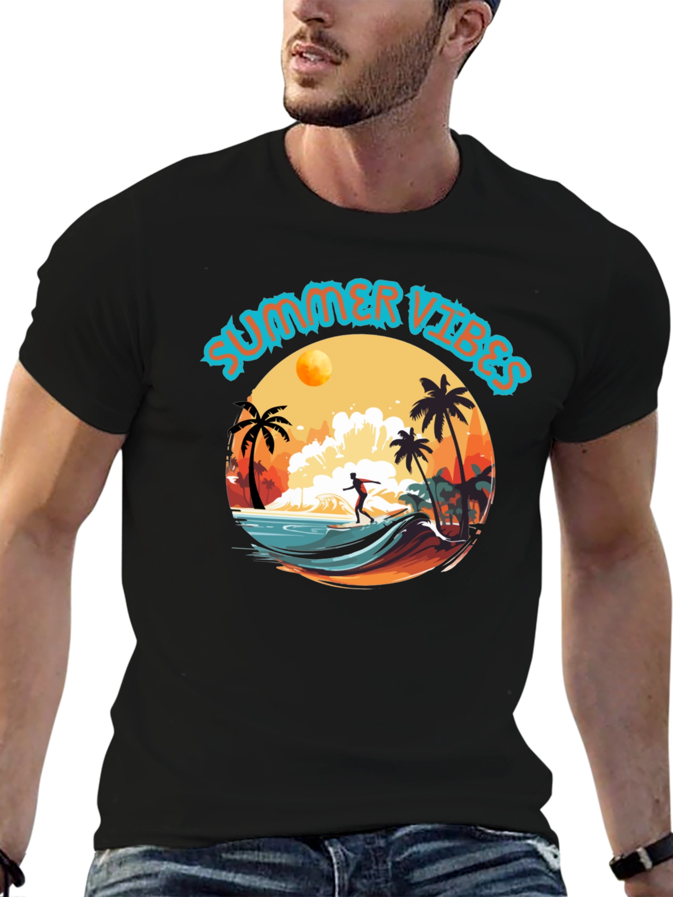 Summer Vibes Black Graphic T-Shirt Surfer Design