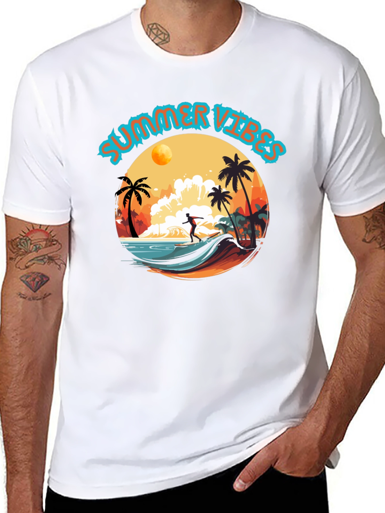 Summer Vibes Black Graphic T-Shirt Surfer Design