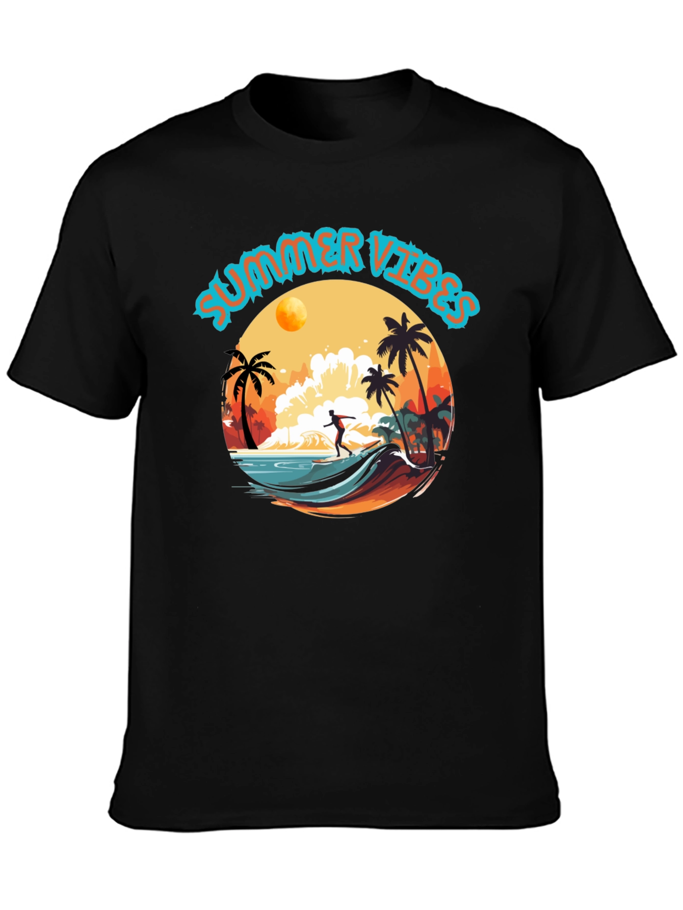 Summer Vibes Black Graphic T-Shirt Surfer Design