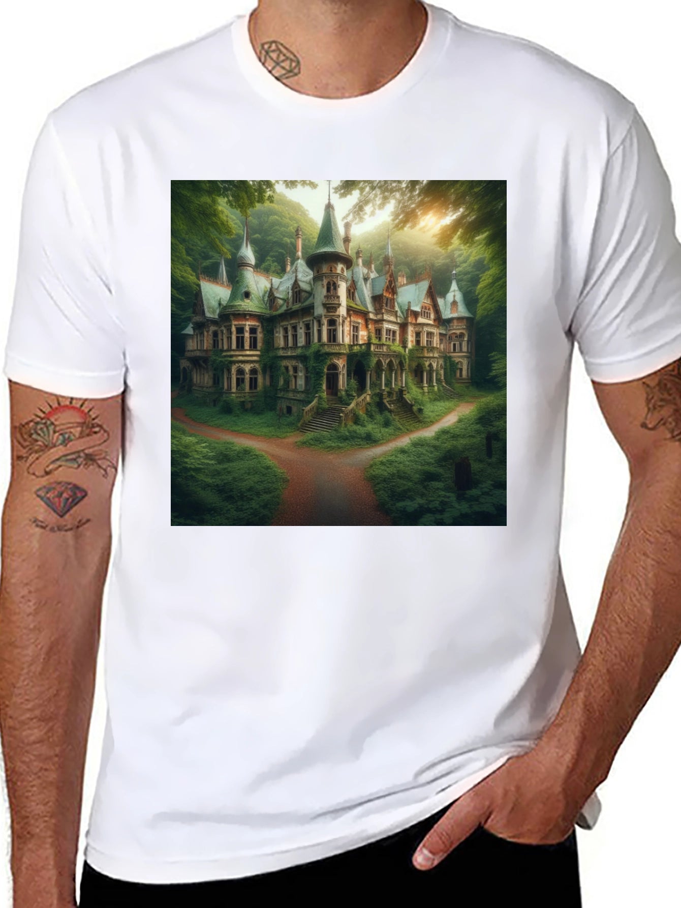 Eerie Estate T-Shirt - Gothic Mansion Design