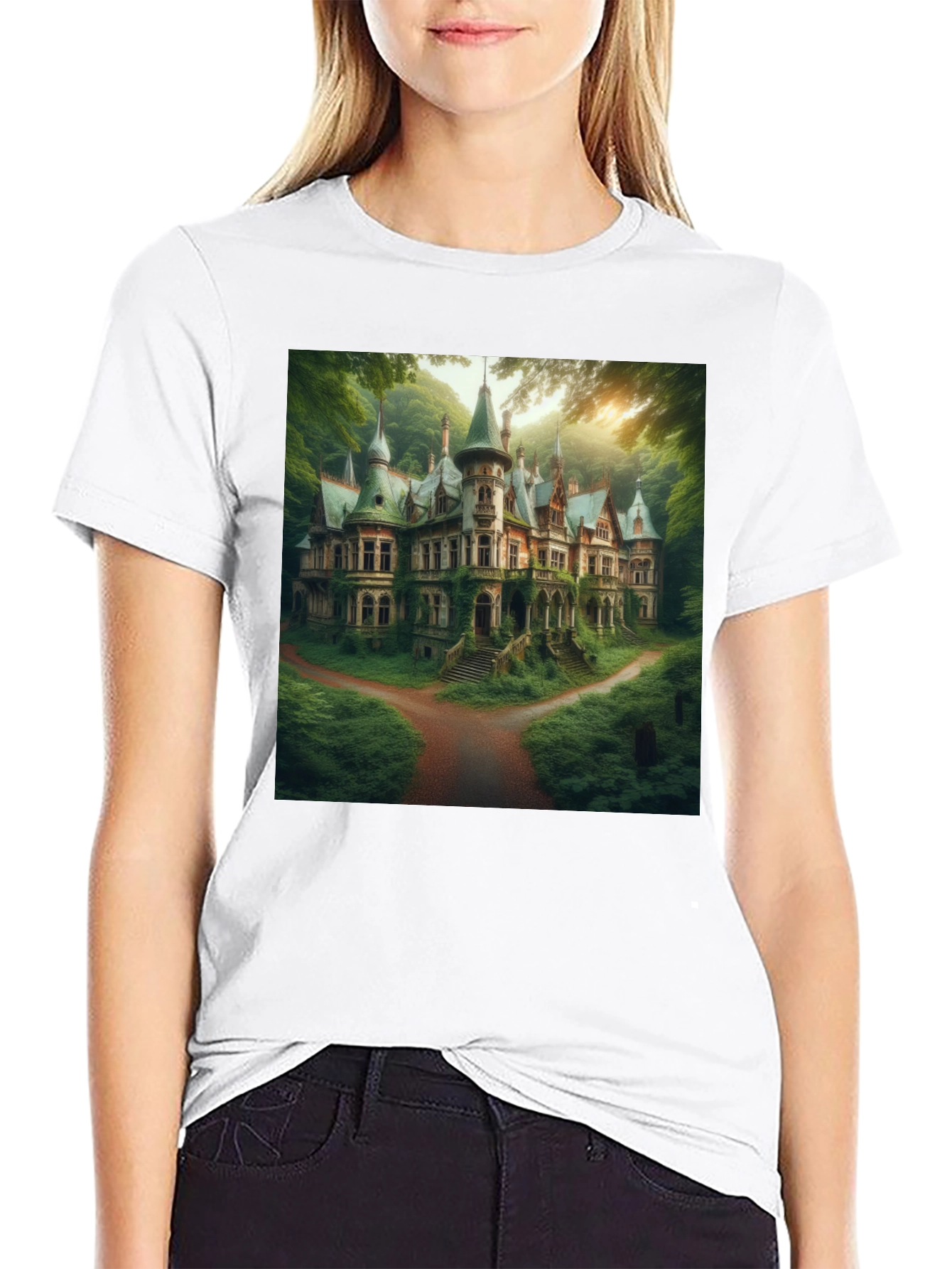 Eerie Estate T-Shirt - Gothic Mansion Design