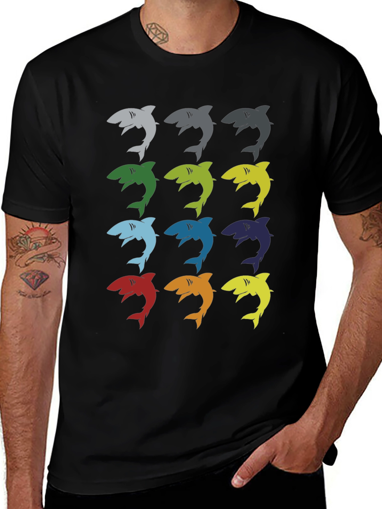Mens Shark Pattern Graphic T-Shirt - Black
