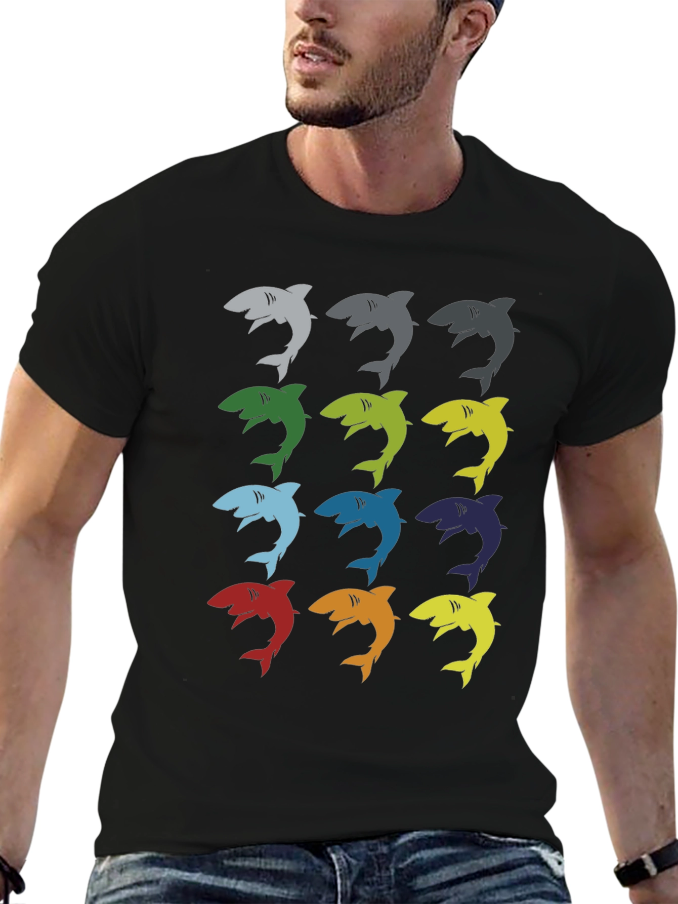 Mens Shark Pattern Graphic T-Shirt - Black