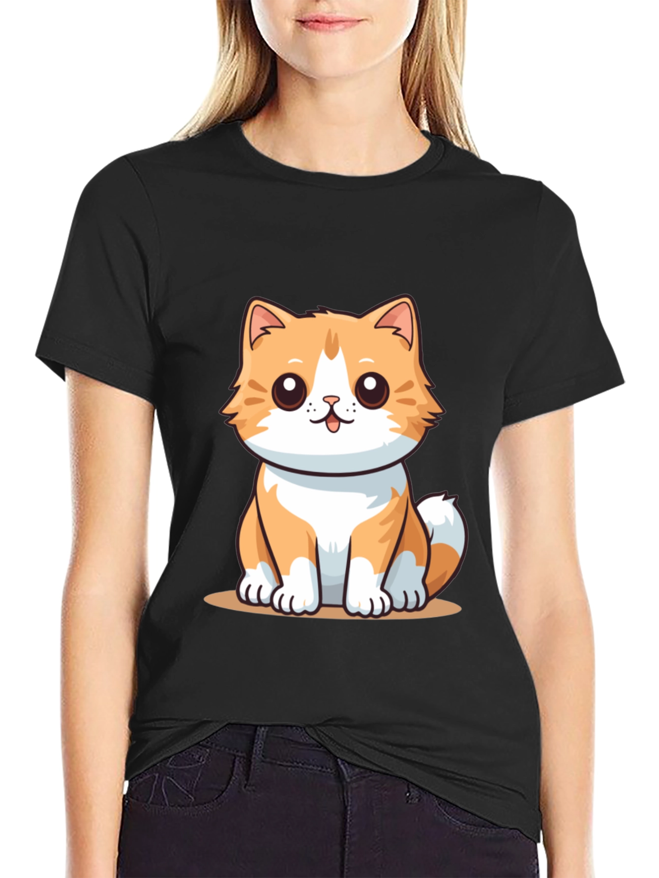 Cute Cartoon Cat Graphic Tee - Black T-Shirt