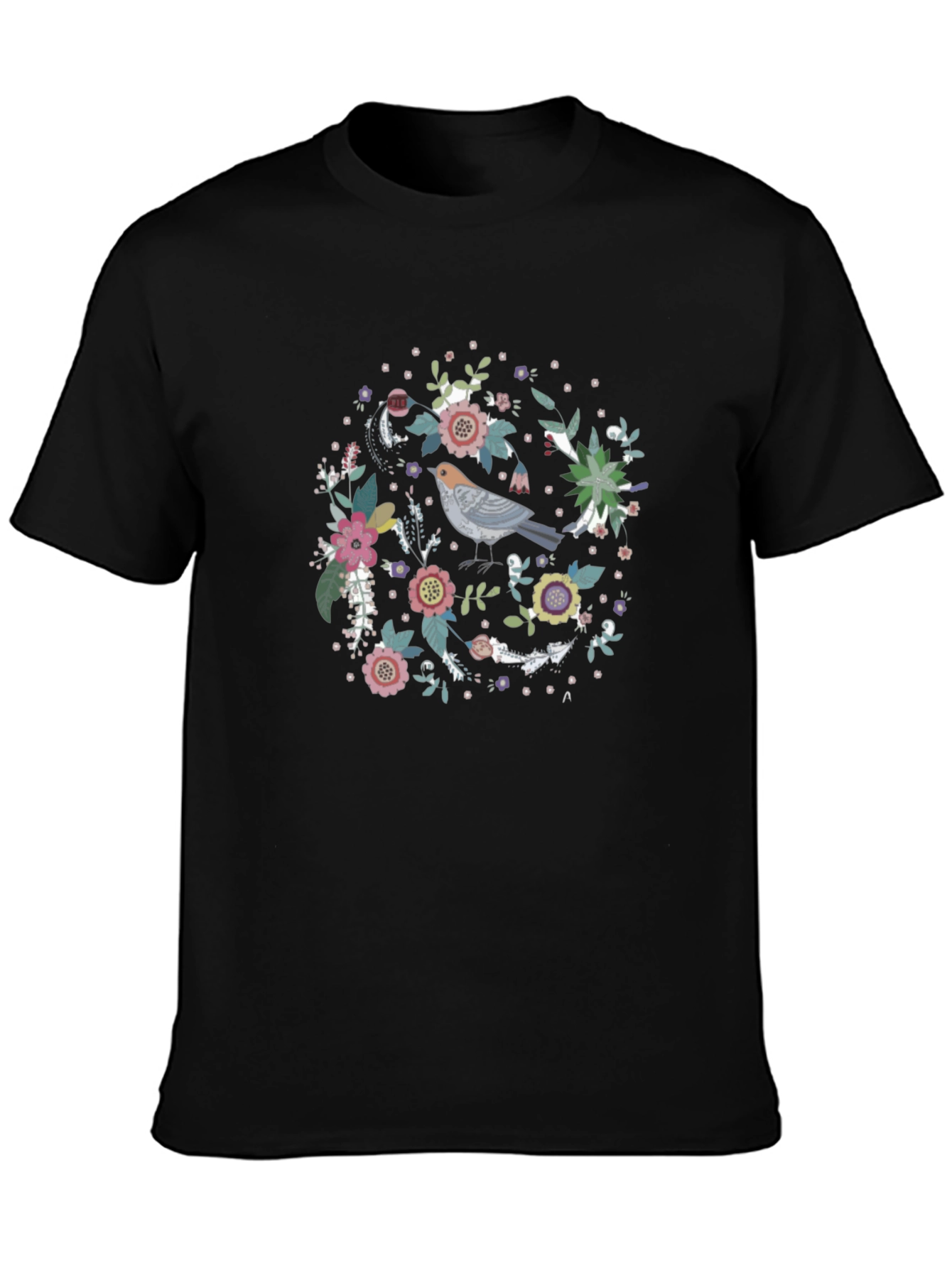 Floral Bird Graphic Tee - Black