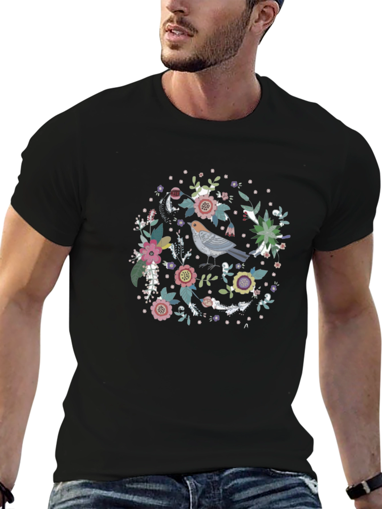 Floral Bird Graphic Tee - Black