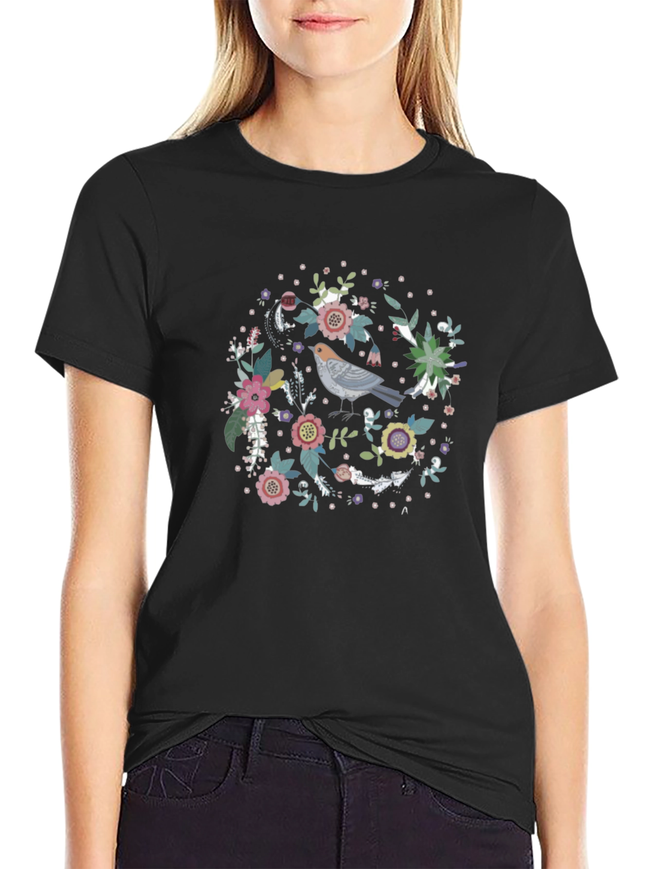 Floral Bird Graphic Tee - Black