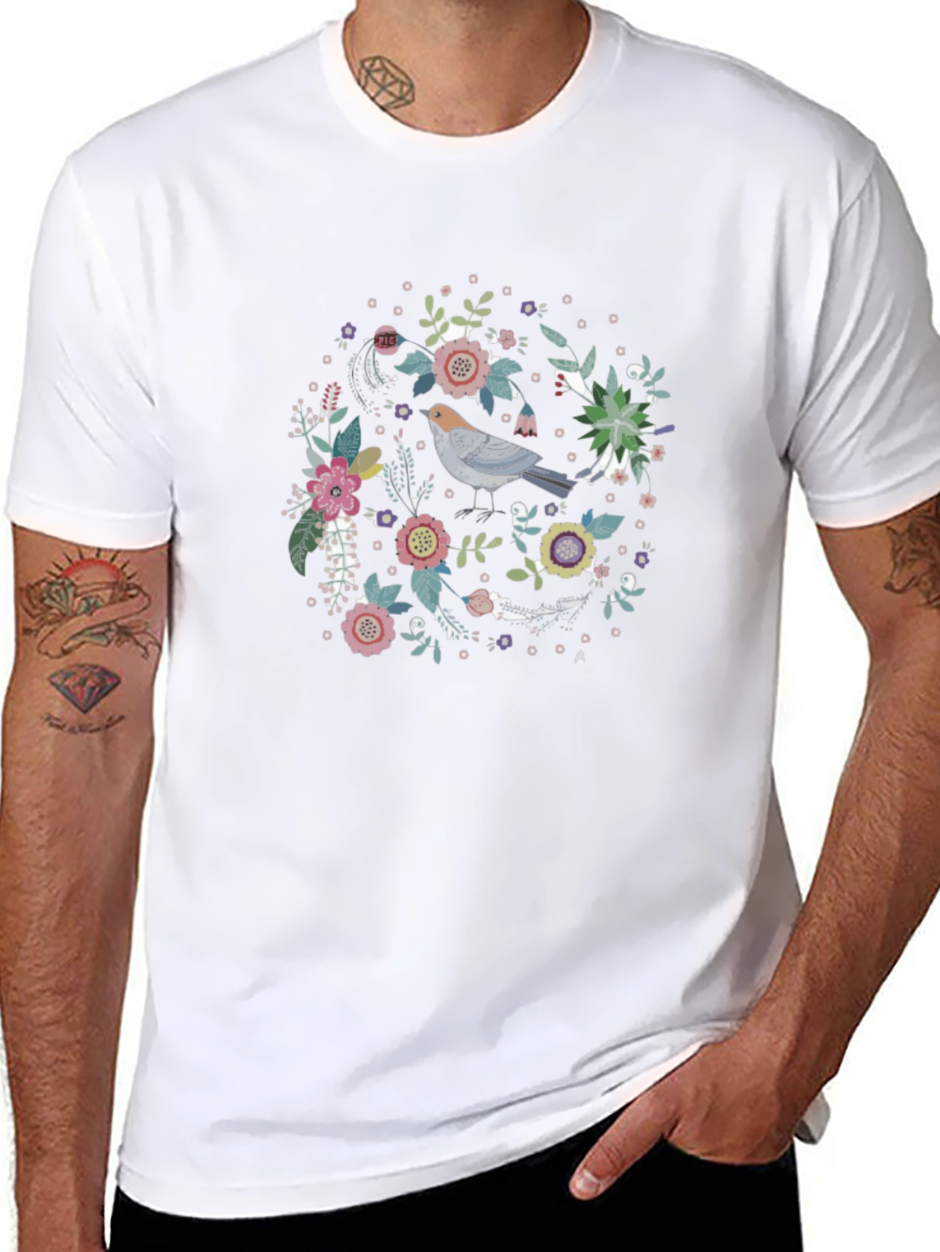 Floral Bird Graphic Tee - Black