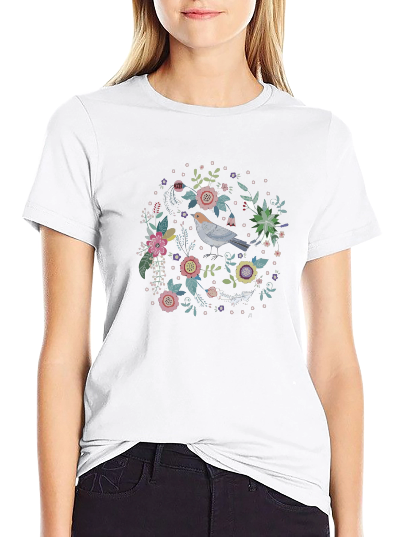 Floral Bird Graphic Tee - Black