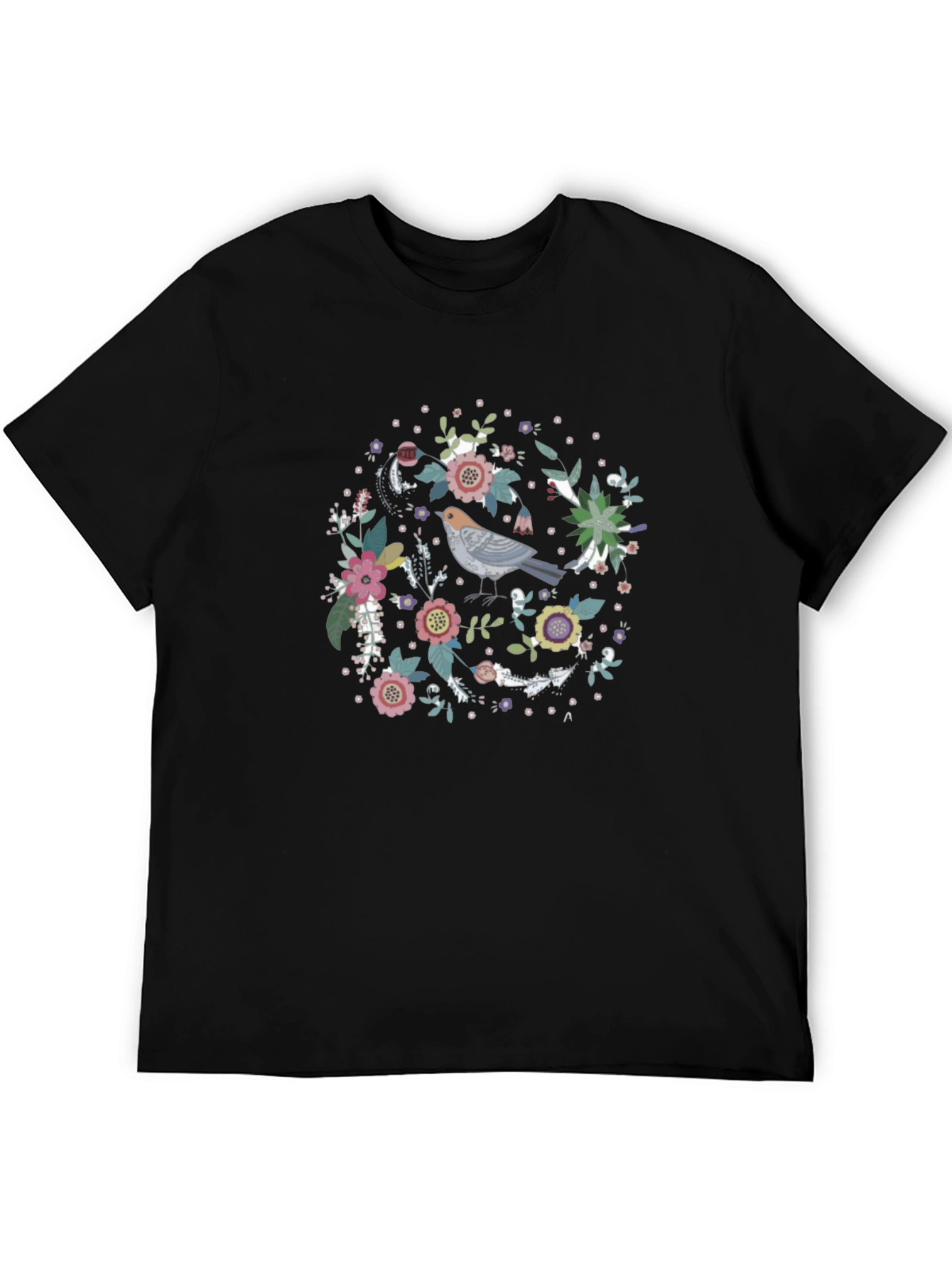 Floral Bird Graphic Tee - Black
